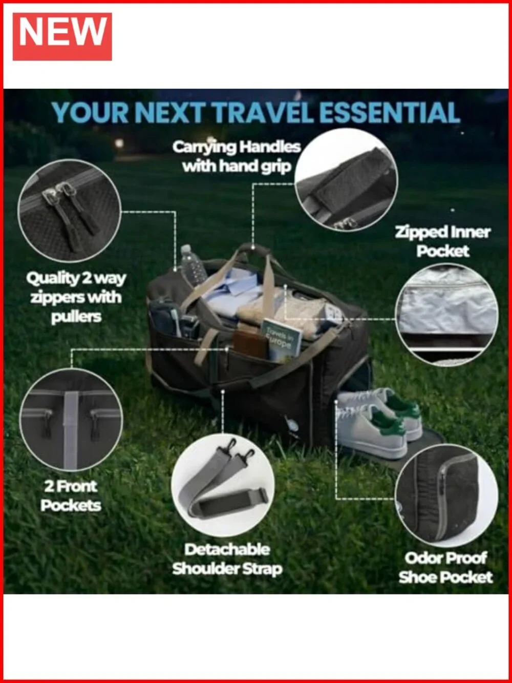 Large 80L Duffle Bag with Shoe Compartment, Foldable & Lightweight Travel